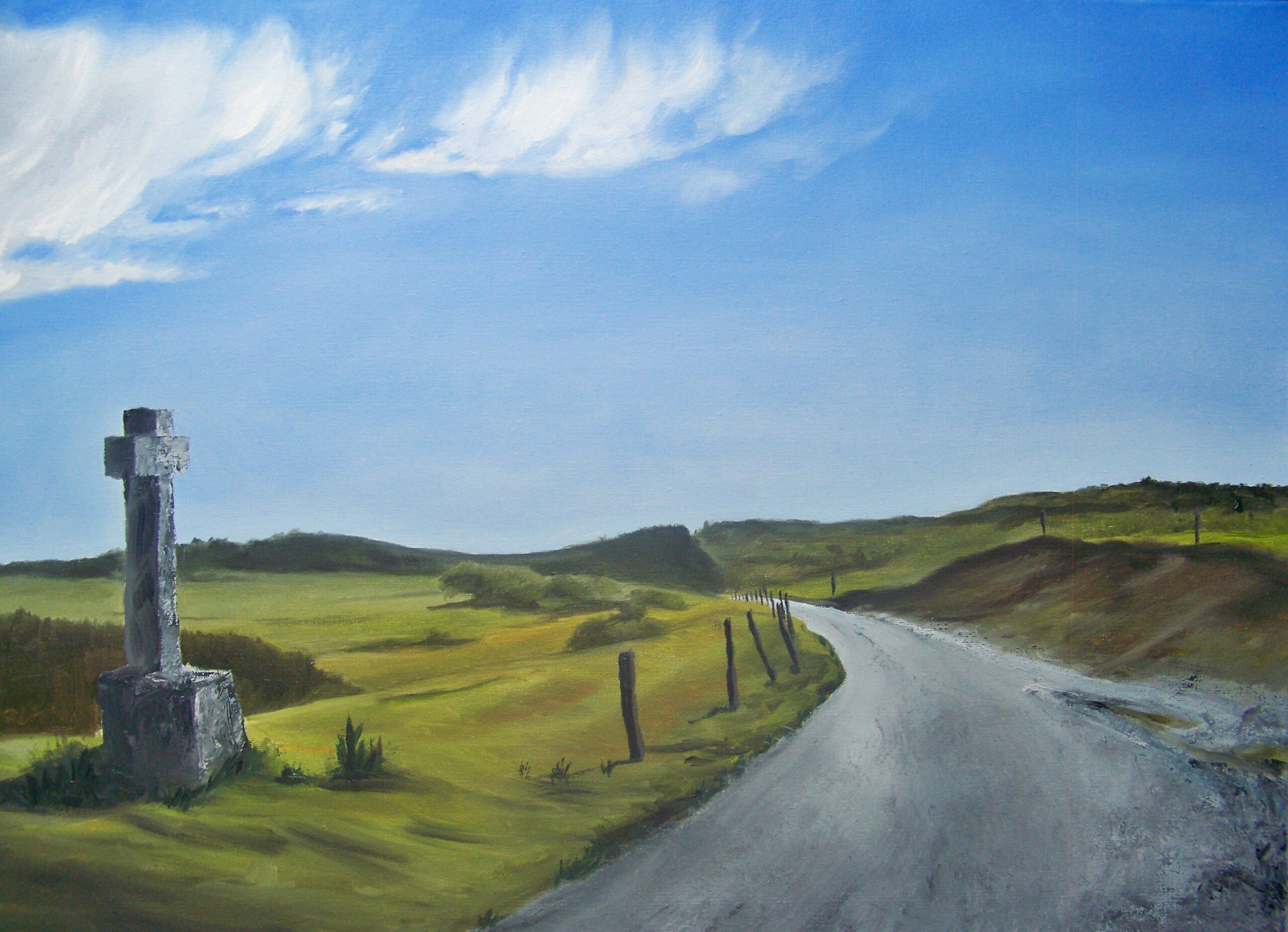 Accueil route à la croix en ardèche 1,7mo huile 50x70cm entier 2018 marysecurinierrochette